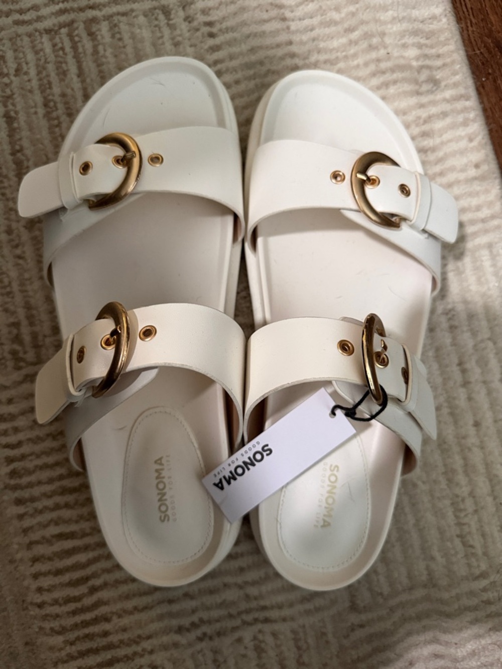 Sonoma White Double-Buckle Slide Sandals with Gold Hardware